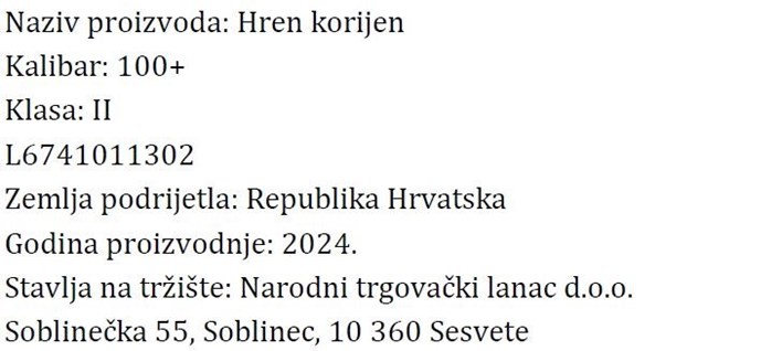 HREN KORIJEN SVJEŽI KLASA II NTL