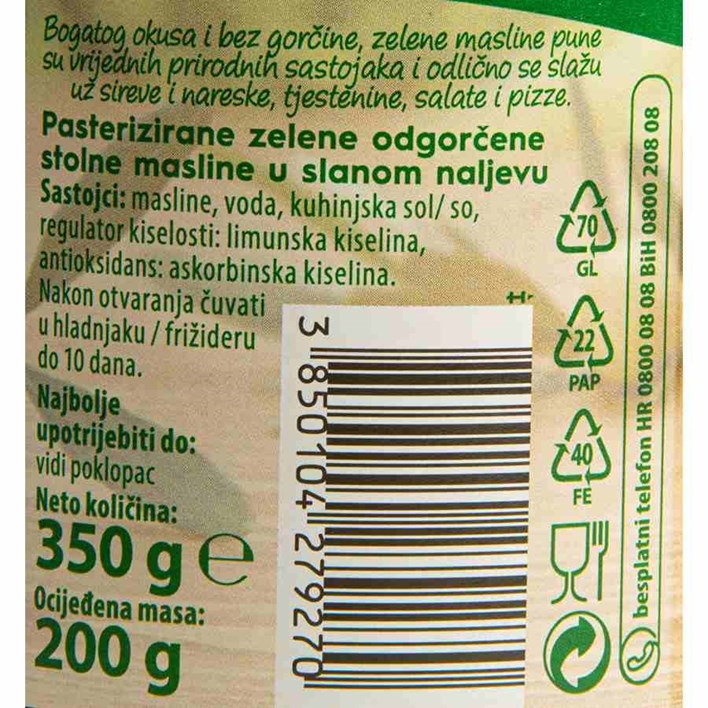 MASLINE ZELENE ODGORČENE 350g PODRAVKA