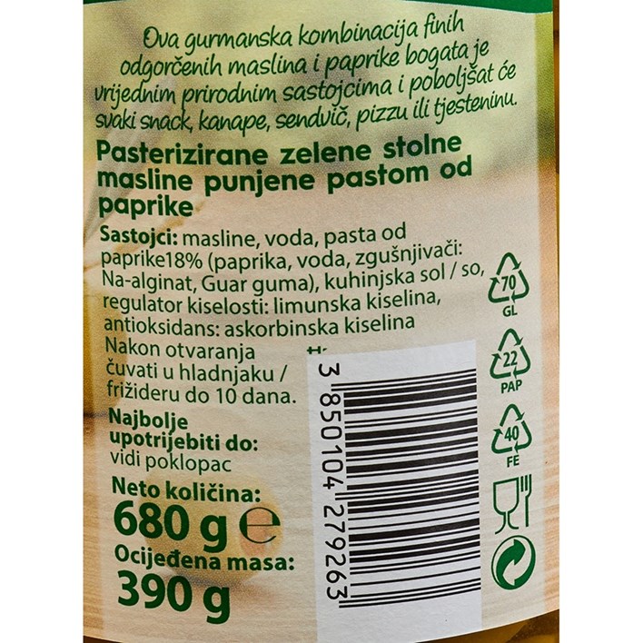 MASLINE PUNJENE PAPRIKOM 680g PODRAVKA