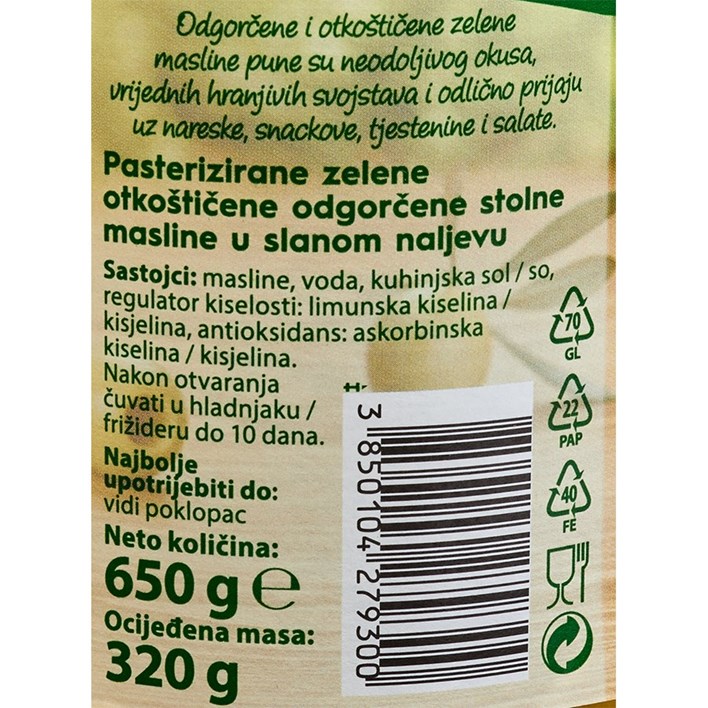 MASLINE ZELENE OTKOŠTENE 650g PODRAVKA