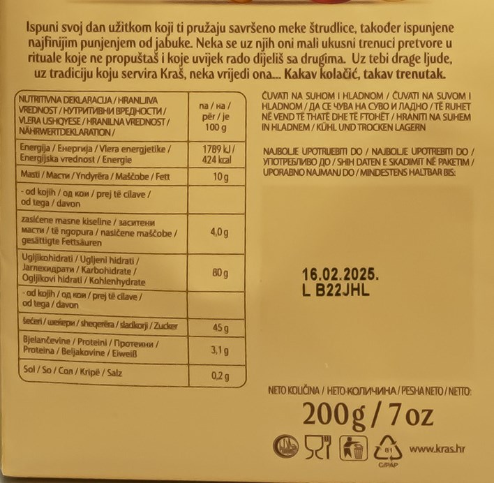 PREKRAŠNI ŠTRUDLICE S PUNJENJEM OD JABUKE 200g KRAŠ